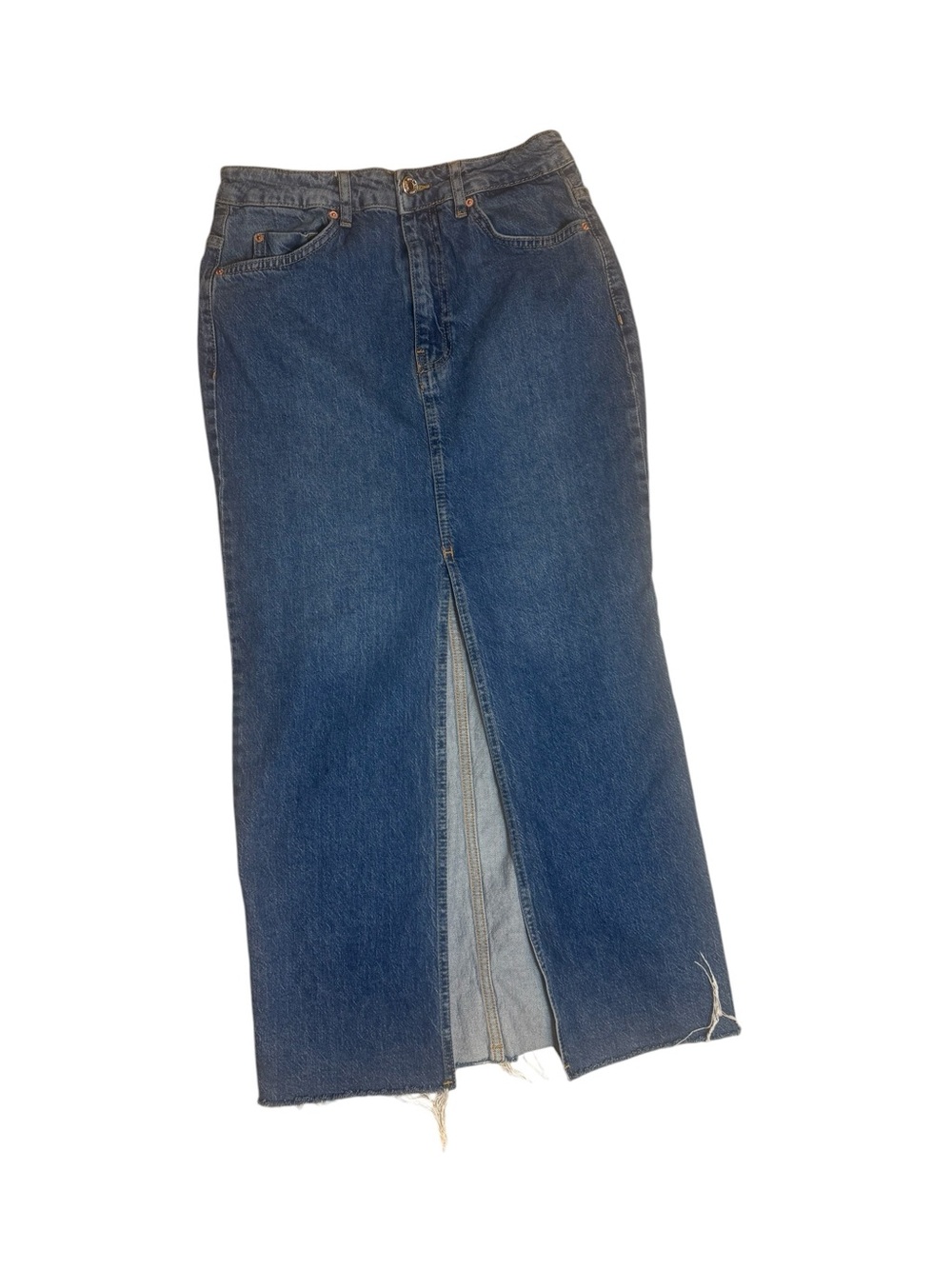 Stradivarius Denim Maxi Skirt EU38 / US 6 Front Slit Raw Hem Blue